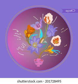 Transparent card with multicolored  tulips and  orange crocuses in a vase. Gradient  background, spring.
