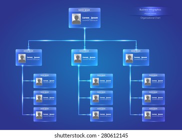 Transparent Card Organizational Chart Infographic, Blue Background, Business Structure Concept, Business Flowchart Work Process, Vector Illustration.