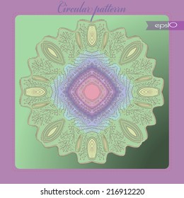 Transparent card of pale circular pattern with ellipses, spirals, twigs and text on a gradient green rounded rectangle and text on a pink frame. Handmade.