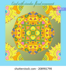 Transparent card with  pattern from colored   floral  circular composition in light  tones in gradient rounded rectangle and text on a frame.