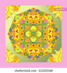 Transparent card with  pattern from colored   floral  circular composition in light yellow tones on a gradient background in a pink frame.