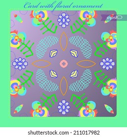 Transparent card with  pattern of floral motifs, branches, flowers on gradient rounded rectangle and blue  text on a green frame.
