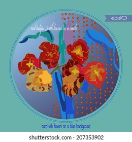 Transparent card with red  tulips and text in a circle on a gradient background. Handmade.