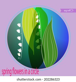 Transparent card with spring flowers on a gradient  blue circle and text.