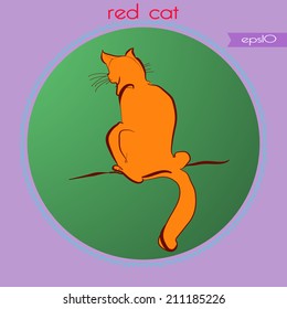Transparent card with waiting red cat on a gradient circle and pink text  on a frame.Handmade.