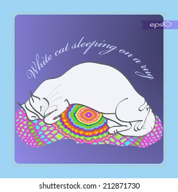  Transparent card with white cat sleeping on an ornamental handmade rug,flag, light blue frame. Sketch from life.