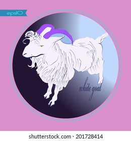 Transparent card with white goat and text in a gradient circle. Handmade.