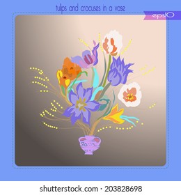 Transparent card with yellow crocuses and blue tulips on a gradient  rounded rectangle and text.