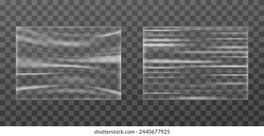 Película elástica de celofán transparente para envolver alimentos y embalaje de protección. Plástico arrugado, papel de papel arrugado pegado efecto, ilustración vectorial