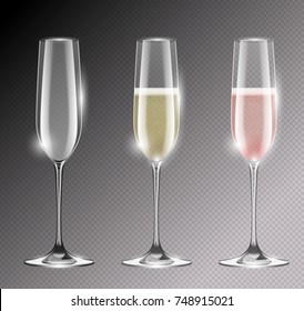 Transparent Champagne Glass Flute Vector Illustration. Realistic Set Of Glasses With Sparkling White And Rose Wine And Empty Glass. Empty Goblet With Highlights.