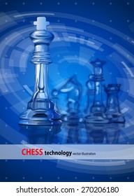 Transparent chess pieces on the mirror surface and a blue background.
