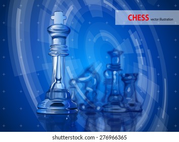 Transparent chess pieces on the mirror surface and a blue background