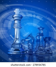 Transparent chess pieces on the mirror surface and a blue background