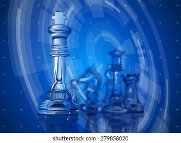 Transparent chess pieces on the mirror surface and a blue background.