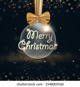 Transparent Christmas ball with a gold ribbon and bow, on a beautiful background with stars and lens flare. Vector illustration