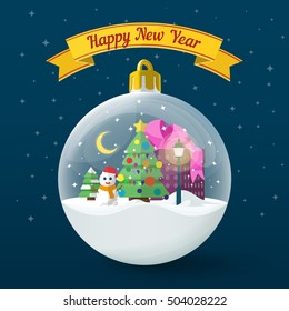 Transparent Christmas ball on dark blue background. Vector illustration for the website, ads, banners. Christmas tree, snowman, lamp post and box with gifts in the ball. Vector illustration.