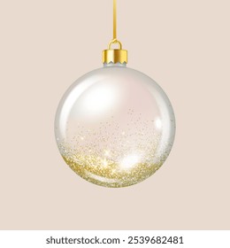 Transparent Christmas ball realistic vector illustration. Festive New Year glass bauble with glitter 3d object on beige background