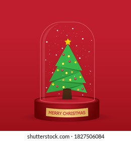 Transparent Christmas ball with christmas tree inside. Greeting card. Merry christmas and happy new year. vector illustration