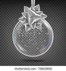Transparent Christmas Ball Vector. Shiny Glass Xmas Tree Toy With Snowflake And Silver Bow. New Year Holidays Decoration Element. 3D Realistic. Isolated On Transparent Background Illustration
