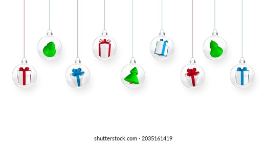 Transparent Christmas balls with gift boxes and xmas trees inside. Xmas glass ball. Holiday decoration template. Vector illustration.