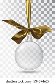 Transparent Christmas glass toy with golden ribbon. Stocking Christmas decorations. Transparent vector object for design. Vector illustration. 10 EPS