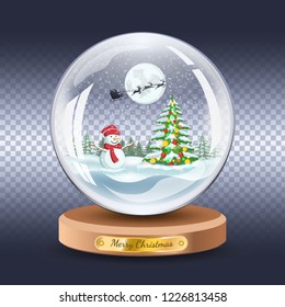 Transparent Christmas snow globe with snowman and Christmas fir tree. Vector stock Xmas gift glass ball illustration.