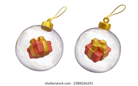 Transparent Christmas tree ball with red gift box inside. New Year surprise. Round glass Christmas decoration. Set of realistic images on white background