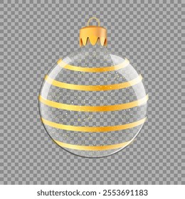 Transparent Christmas tree toy or Christmas ball with stripes and glitter, holiday decoration, realistic vector.