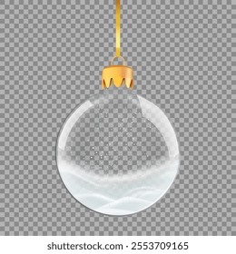 Transparent Christmas tree toy, Christmas ball with golden ribbon and snowflakes, holiday decoration, realistic vector.