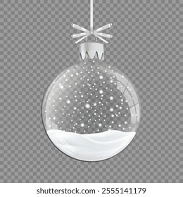 Transparent Christmas tree toy, Christmas ball with silver ribbon and snowflakes, holiday decoration, realistic vector.