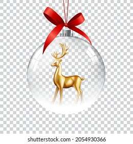 Transparent Christmass ball with golden deer. Can be used in Merry Christmas and New Year greeting card and poster. Vector Illustration EPS10
