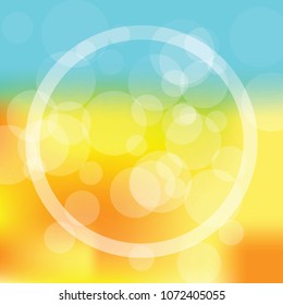 Transparent Circle Frame on the bright Summer Background. Flecks of sunlight on the blurred yellow beach and blue sky back.