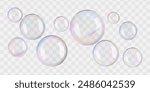 Transparent circle soap bubbles float in bath water, 3D sphere. Rainbow glass ball reflects soap suds. Liquid drops, gradient contrast flare on black wash, design elements for air balloons in wind.