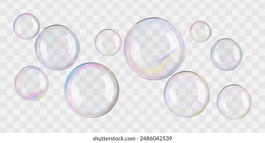 Transparent circle soap bubbles float in bath water, 3D sphere. Rainbow glass ball reflects soap suds. Liquid drops, gradient contrast flare on black wash, design elements for air balloons in wind.