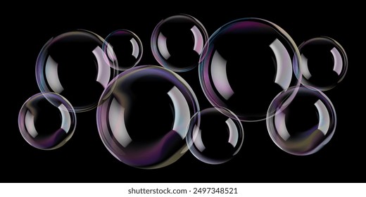 Burbujas de jabón de círculo transparente flotan en agua de baño, esfera 3D. Bola de vidrio arco iris refleja espuma de jabón. Gotas líquidas, destello de contraste degradado en lavado negro, Elementos de diseño para globos aerostáticos en aerostático.