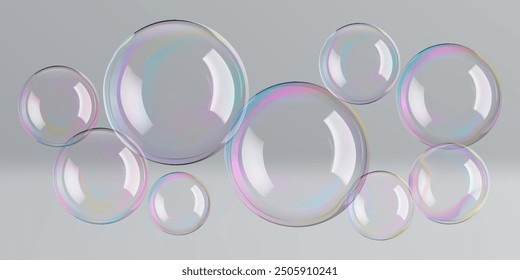 Burbujas de jabón de círculo transparente flotan en agua de baño, esfera 3D. Bola de vidrio arco iris refleja espuma de jabón. Gotas líquidas, destello de contraste degradado en lavado negro, Elementos de diseño para globos aerostáticos en aerostático.