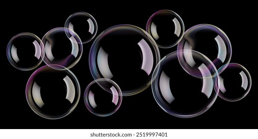 Burbujas de jabón de círculo transparente flotan en agua de baño, esfera 3D. Bola de vidrio arco iris refleja espuma de jabón. Gotas líquidas, destello de contraste degradado en lavado negro, Elementos de diseño para globos aerostáticos en aerostático.