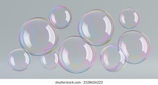 Las burbujas transparentes del jabón del círculo flotan en agua del baño, esfera glicólica 3D. Bola de cristal del arco iris refleja suds. Gotas líquidas, destellos de contraste degradado en gris, Elementos de diseño de lavado, globos aerostáticos en el viento.