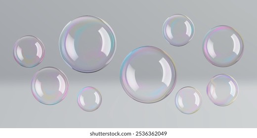 Transparent circle soap bubbles float in bath water, 3D sphere. Rainbow glass ball reflects soap suds. Liquid drops, gradient contrast flare on black wash, design elements for air balloons in wind.