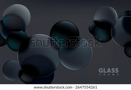 Transparent circles and balls in liquid glass style. Dark abstract geometric background.
