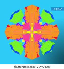 Transparent circular abstract pattern from multicolored shapes on a gradient  blue background.