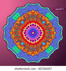 Transparent circular oriental  multicolored ornament  on a gradient background and text. Handmade.