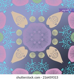Transparent  circular  pattern of abstract floral  pale motif , multicolored shapes, twigs on a blue gradient  background.