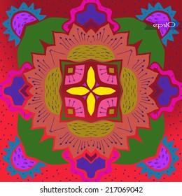 Transparent  circular  pattern of abstract floral  motif , multicolored shapes,zigzags on a  gradient   background.
