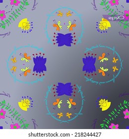 Transparent circular pattern of colored butterflies, branches,text, floral motifs in a gradient  blue background.Handmade.