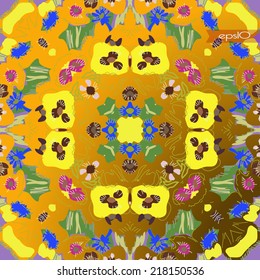 Transparent circular pattern of colored floral motifs, yellow poppy,spots in a gradient  background. Handmade.