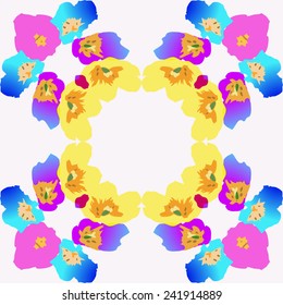 Transparent circular pattern of colored flowers, on a white  background. Hand drawn.