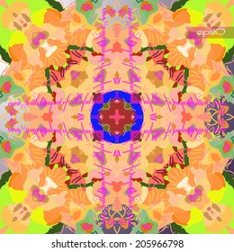 Transparent circular  pattern of floral motif, stamens and pink text   on a gradient background.
