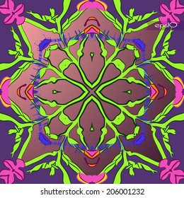 Transparent circular  pattern of floral motif, branches and  blue text   on a gradient background.