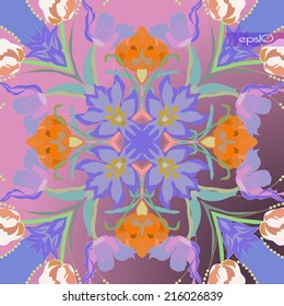 Transparent circular pattern of  floral motif with tulips and leaves on a pale pink gradient  background.